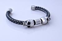 Double Skull Silk Leather & Steel Bracelet - Customise!