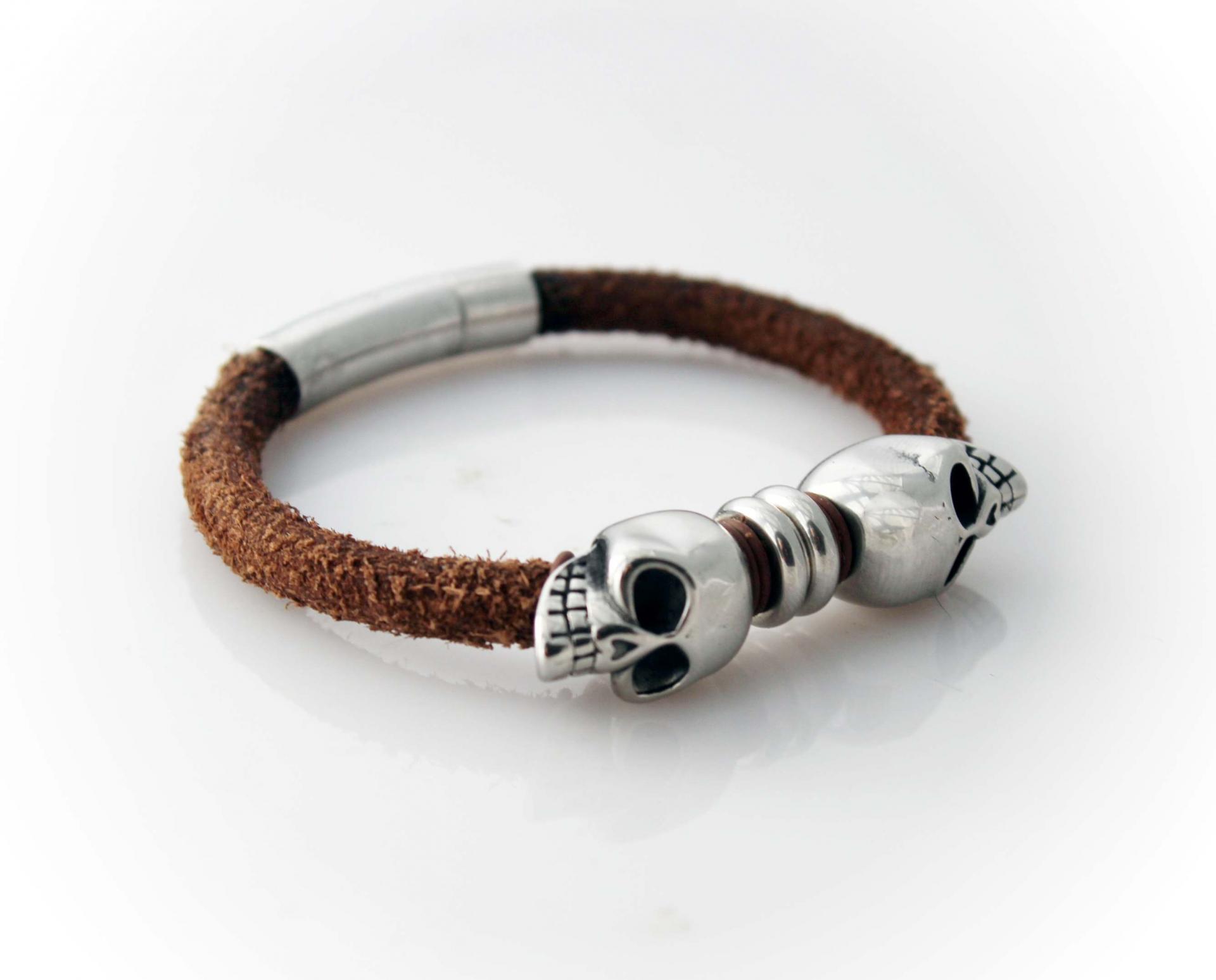 Baby Skull Rustic Brown Leather Bracelet -Customisable