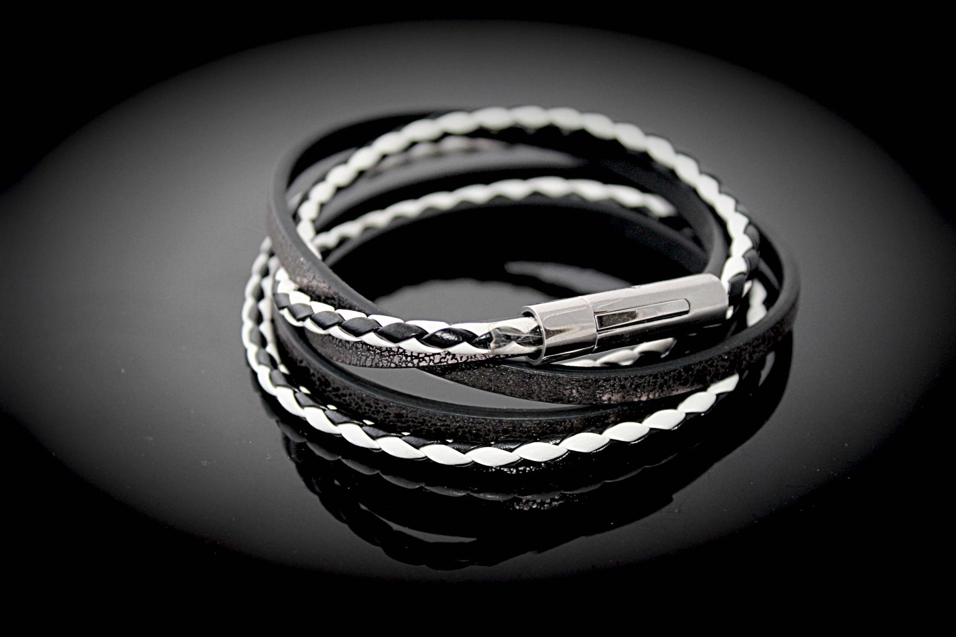 Leather Multiwrap Double Strand Black & White Bracelet - Crafted To Size