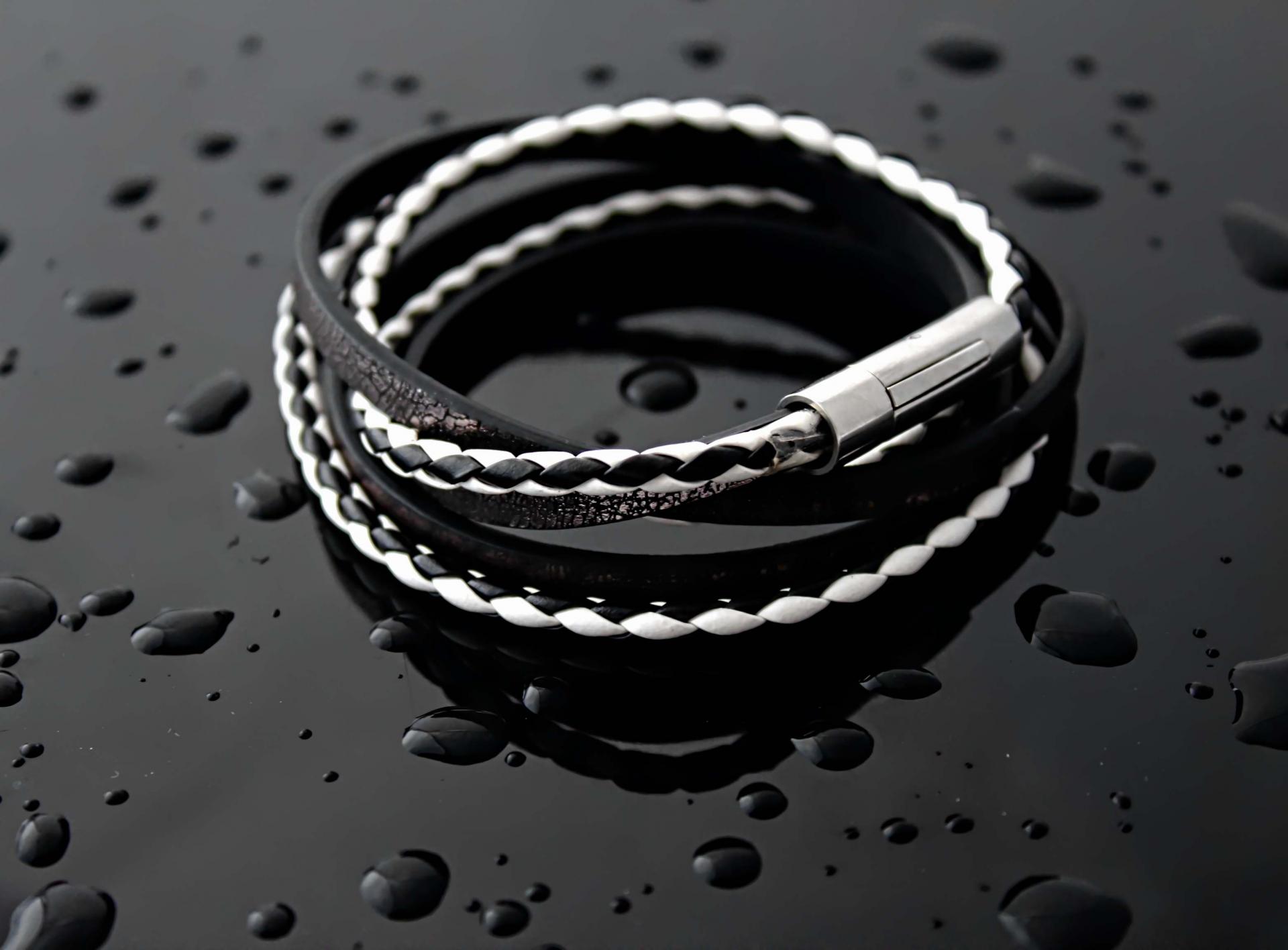 Leather Multiwrap Double Strand Black & White Bracelet - Crafted To Size