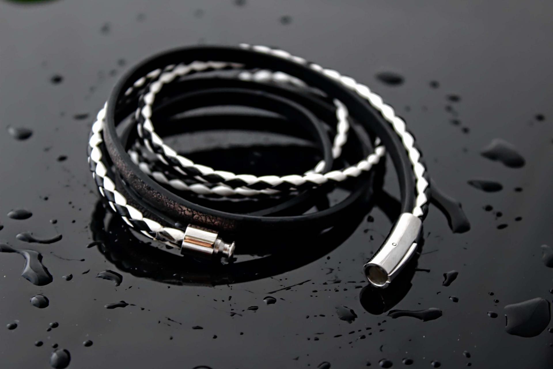 Leather Multiwrap Double Strand Black & White Bracelet - Crafted To Size