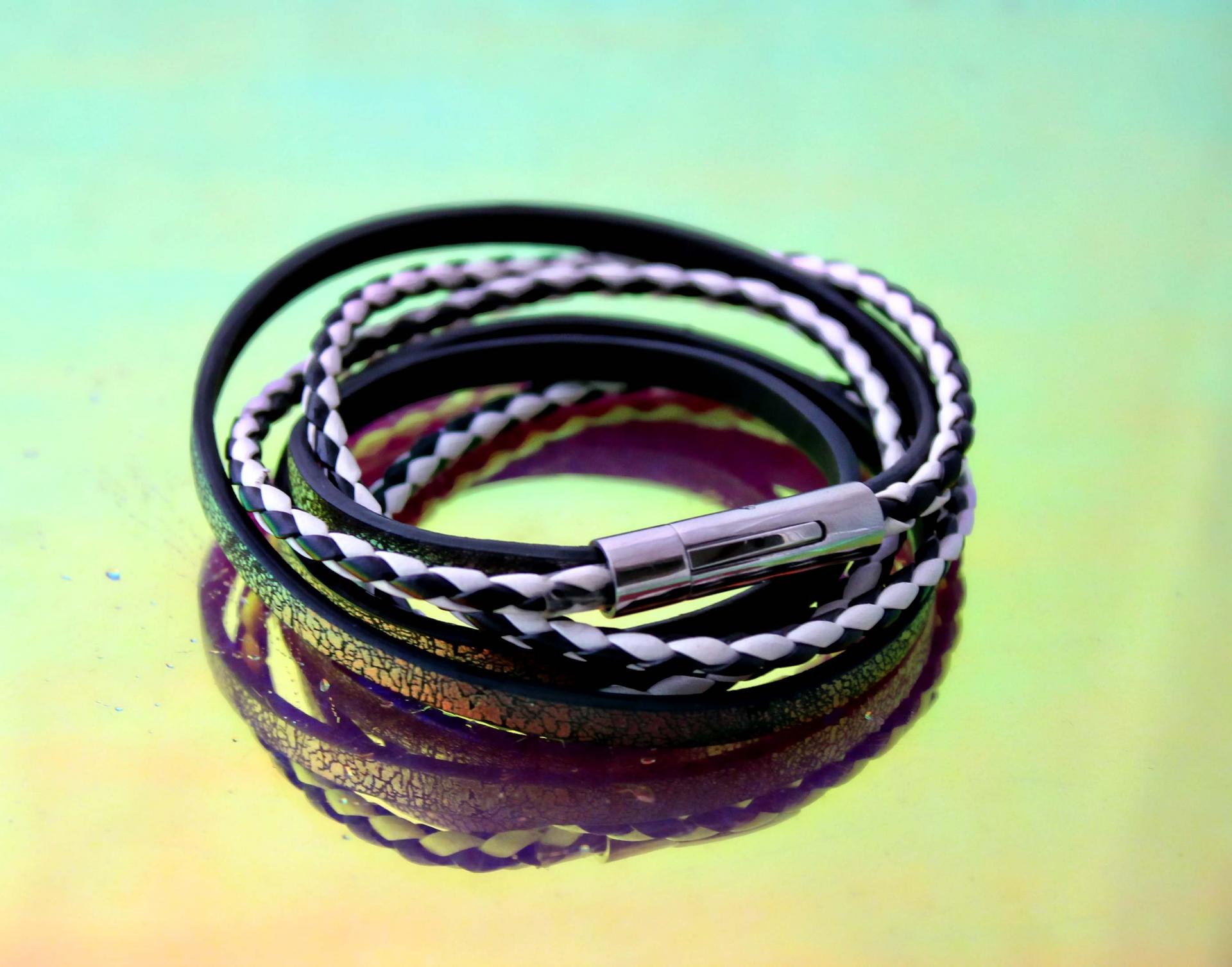 Leather Multiwrap Double Strand Black & White Bracelet - Crafted To Size