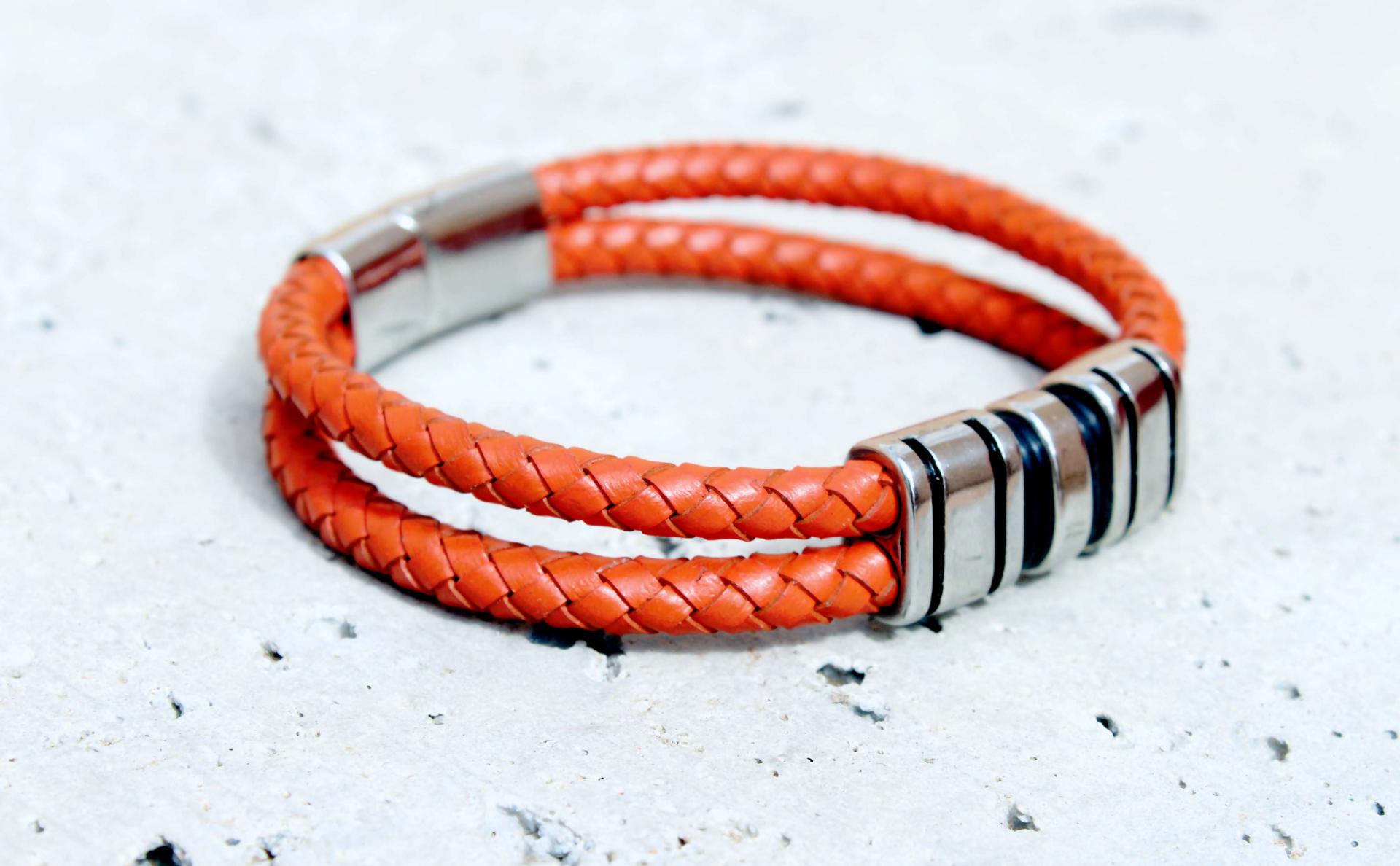 Orange Spice Multi Layer Leather & Steel Bracelet - Customisable