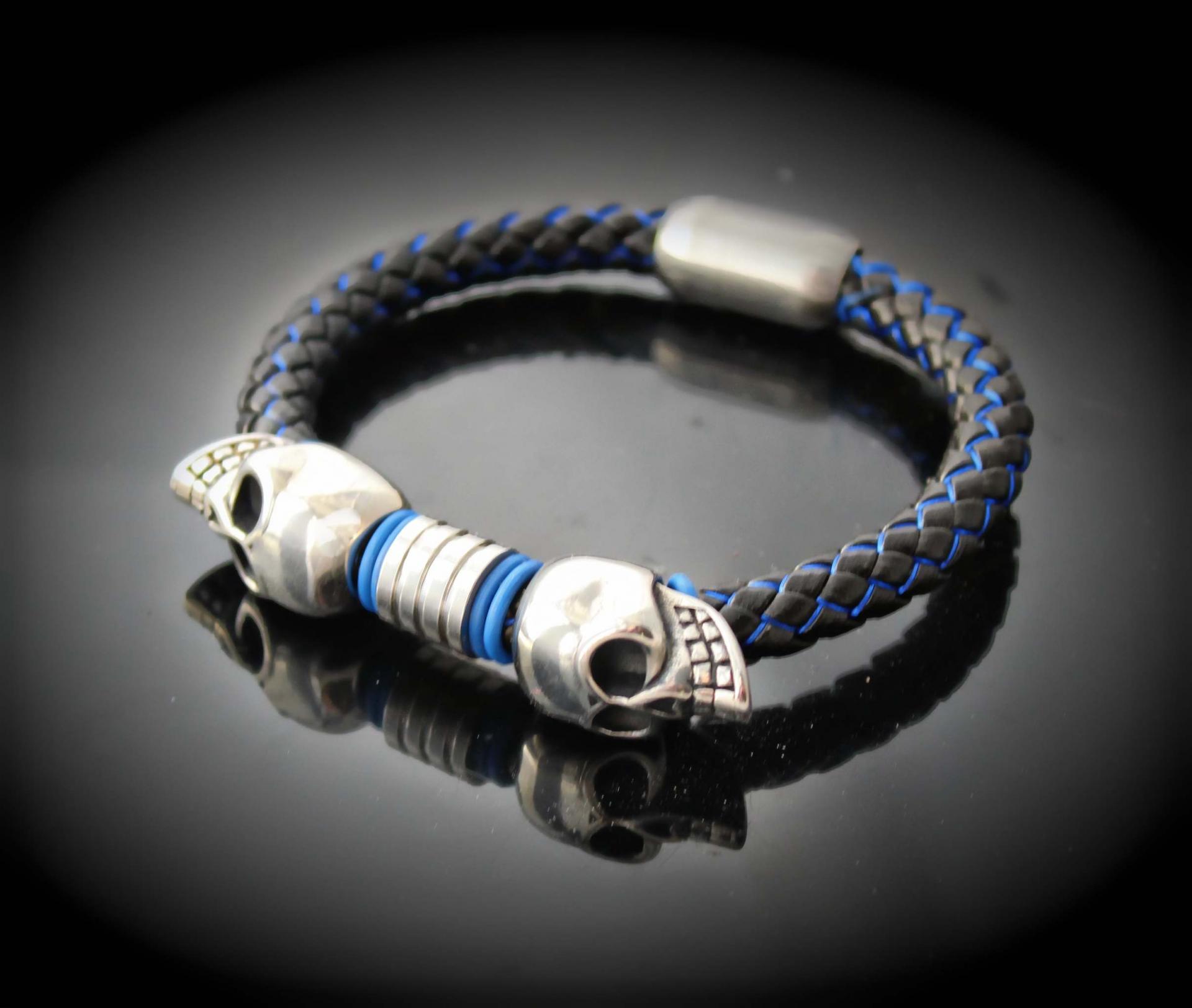Double Skull Silk Leather & Steel Bracelet - Customise!