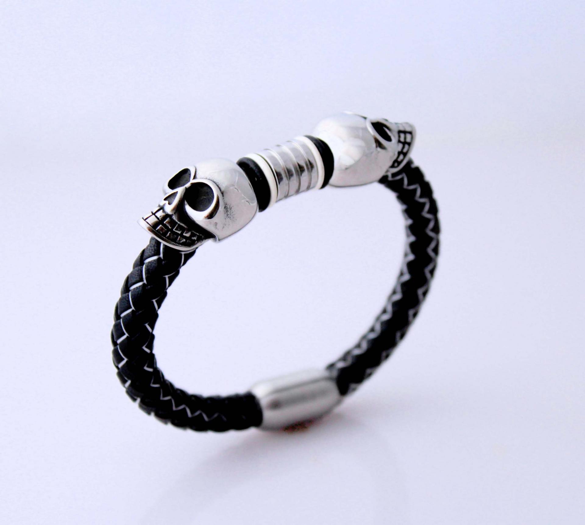 Double Skull Silk Leather & Steel Bracelet - Customise!
