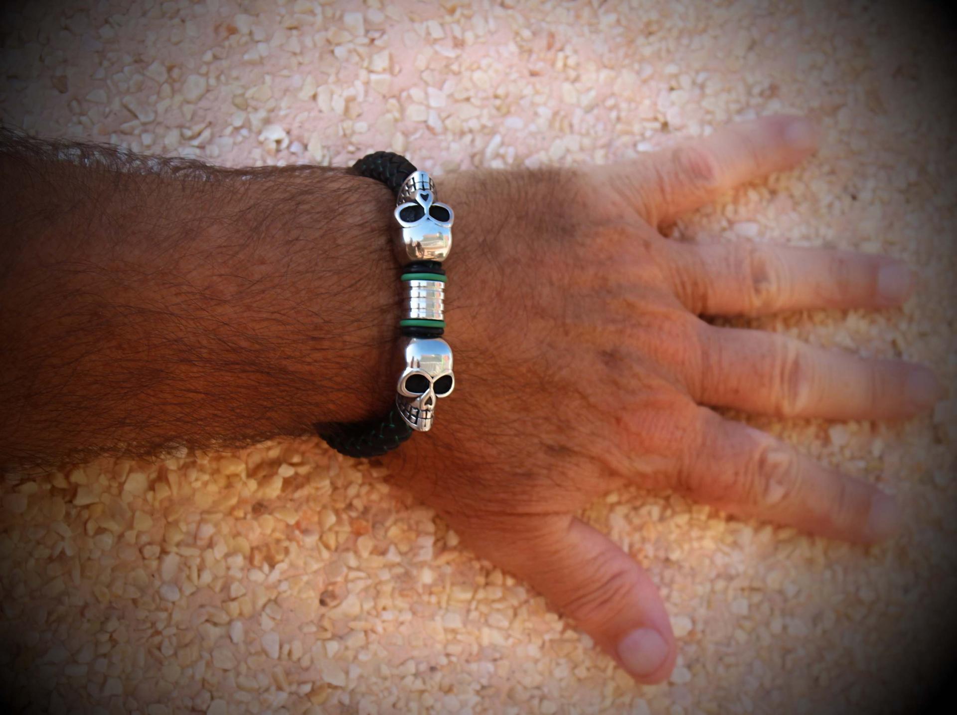 Double Skull Silk  Leather & Steel Bracelet - Customise!