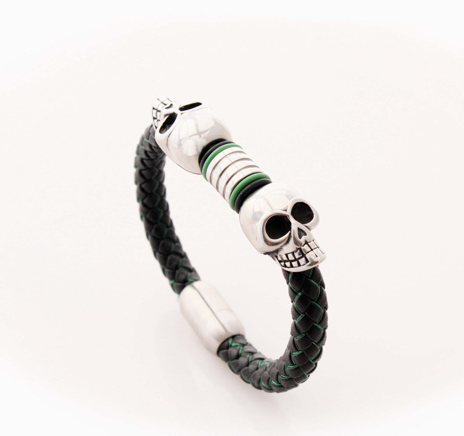 Double Skull Silk Leather & Steel Bracelet - Customise!