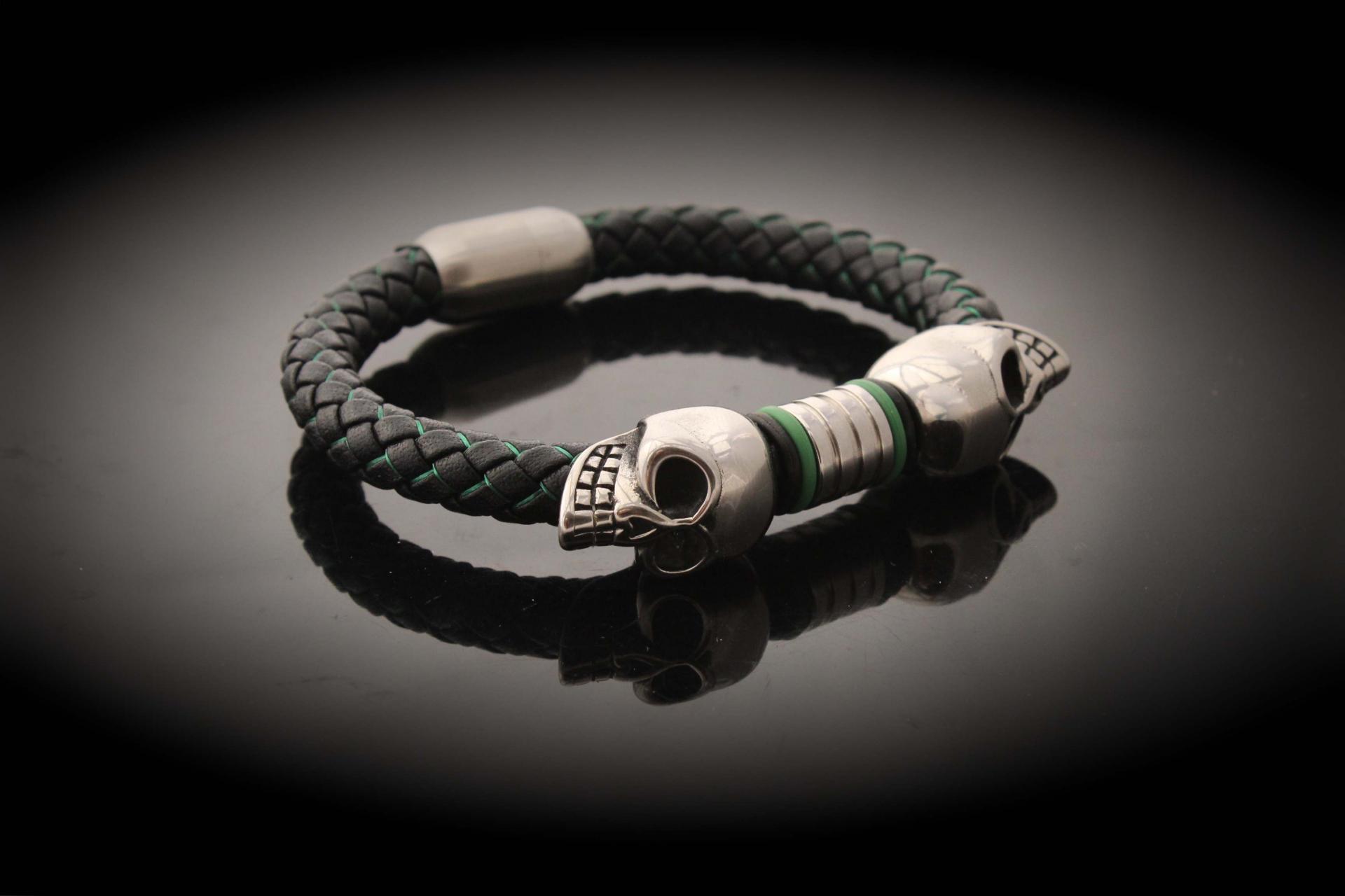 Double Skull Silk Leather & Steel Bracelet - Customise!