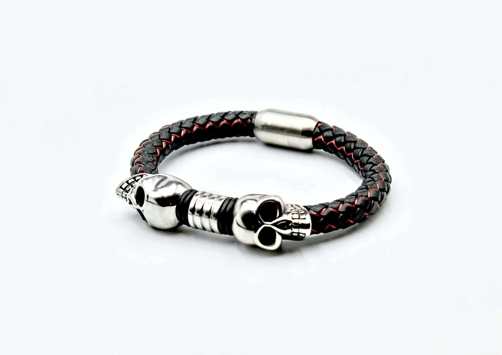Double Skull Silk Leather & Steel Bracelet - Customise!