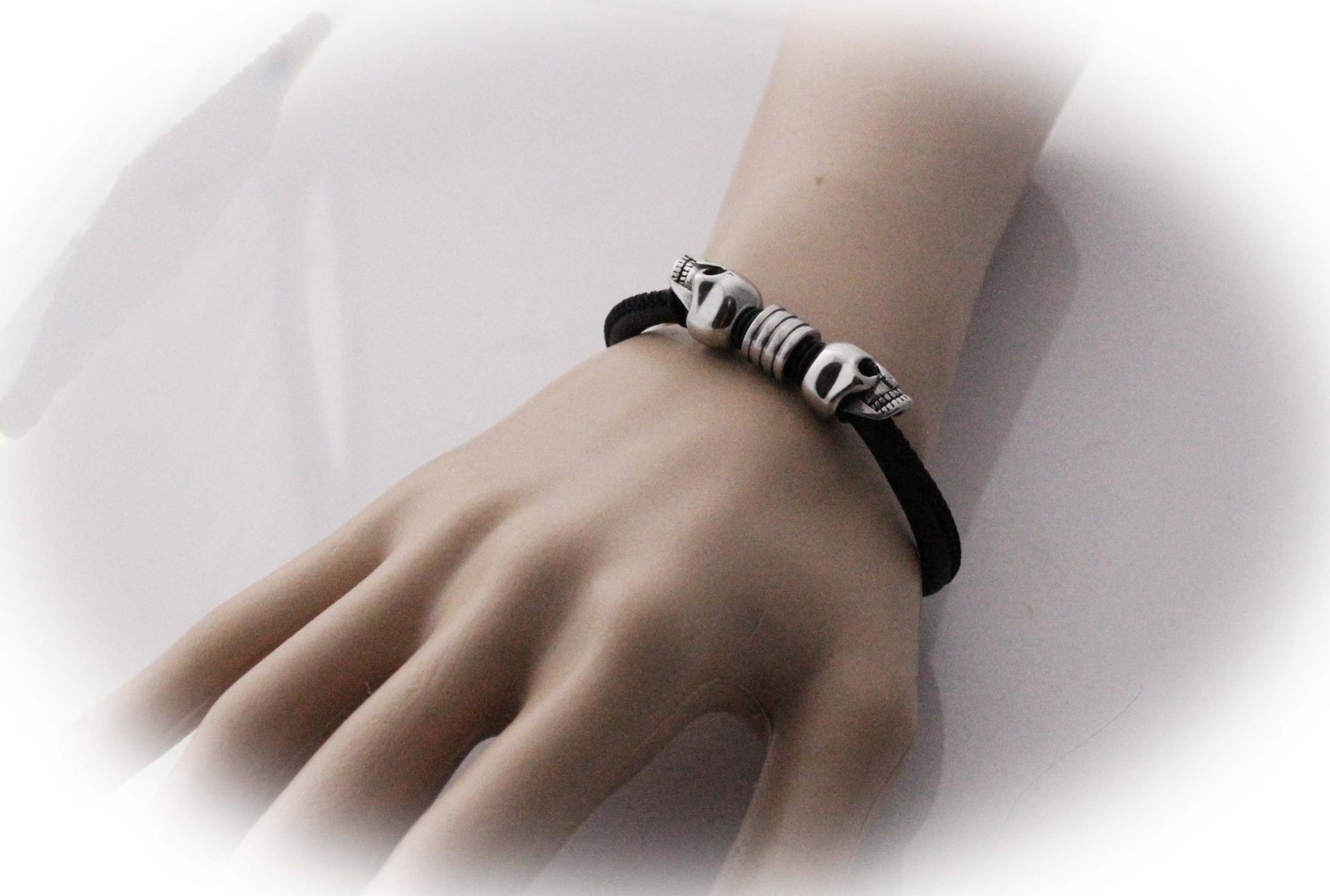 Double Skull sheepskin Leather & Steel Bracelet - Petite Design - Customisable!
