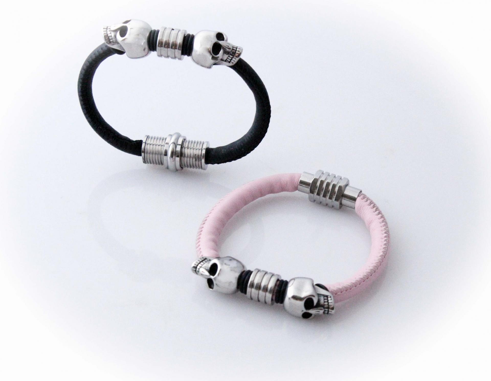 Double Skull sheepskin Leather & Steel Bracelet - Petite Design - Customisable!