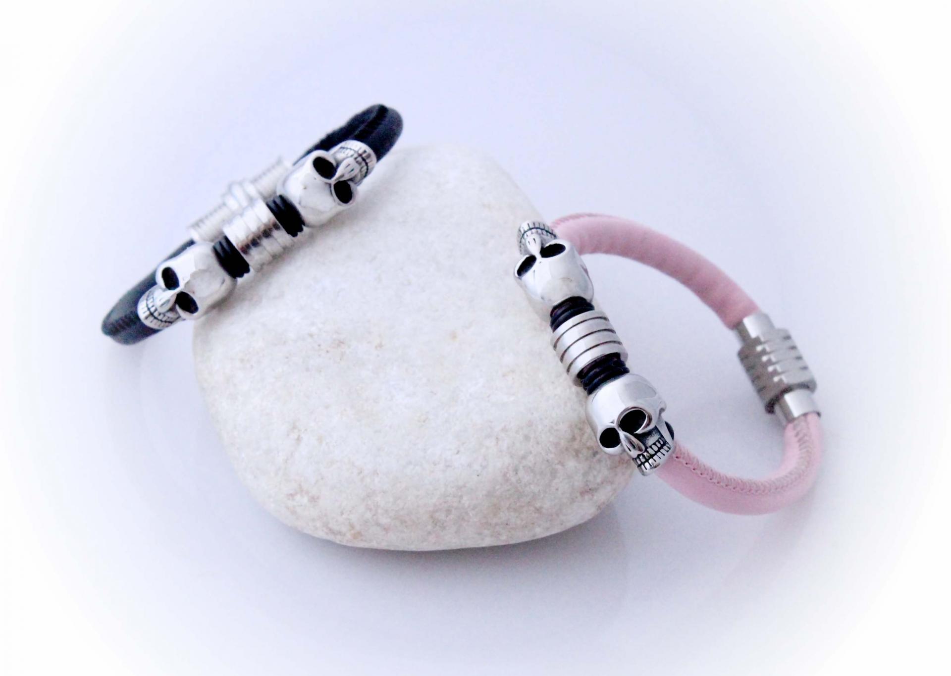 Double Skull sheepskin Leather & Steel Bracelet - Petite Design - Customisable!