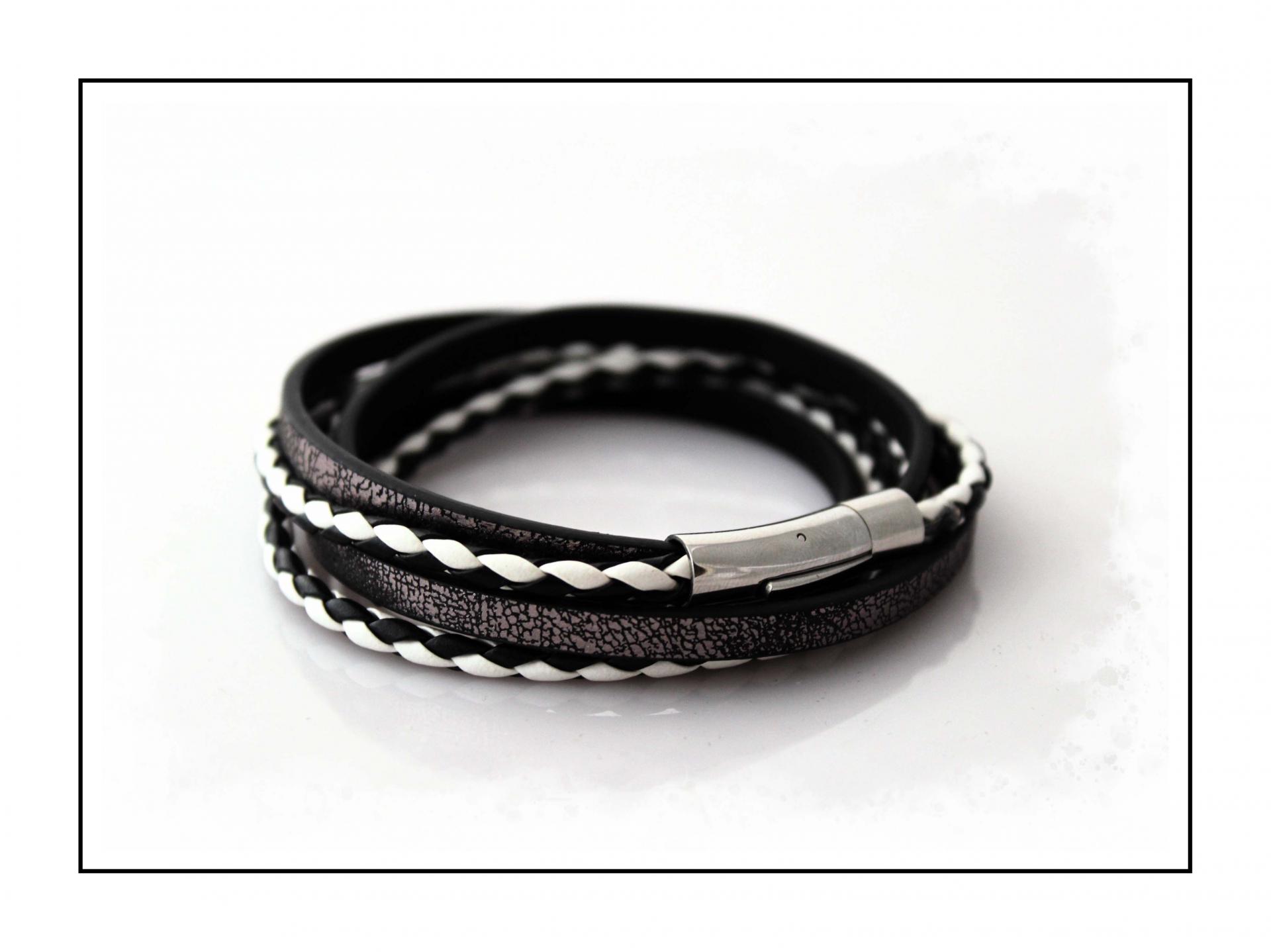 Leather Multiwrap Double Strand Black & White Bracelet - Crafted To Size