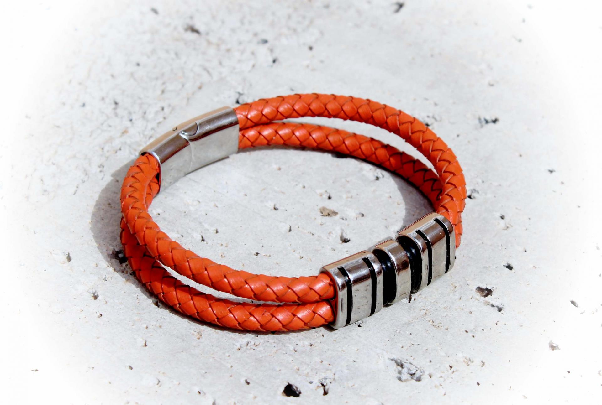Orange Spice Multi Layer Leather & Steel Bracelet - Customisable