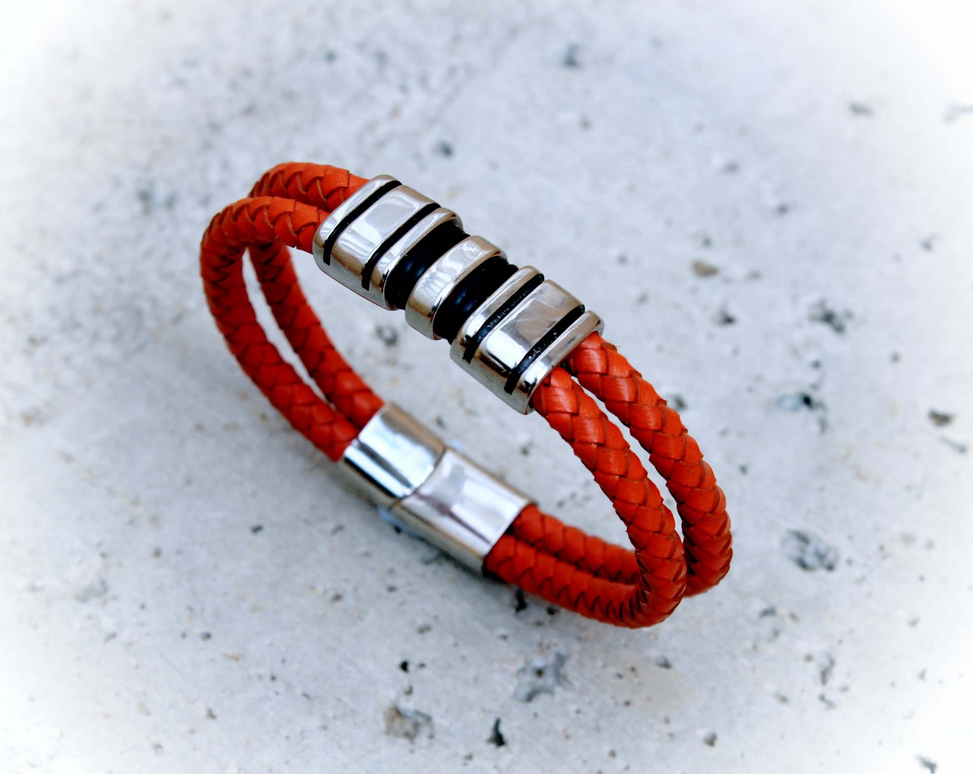 Orange Spice Multi Layer Leather & Steel Bracelet - Customisable