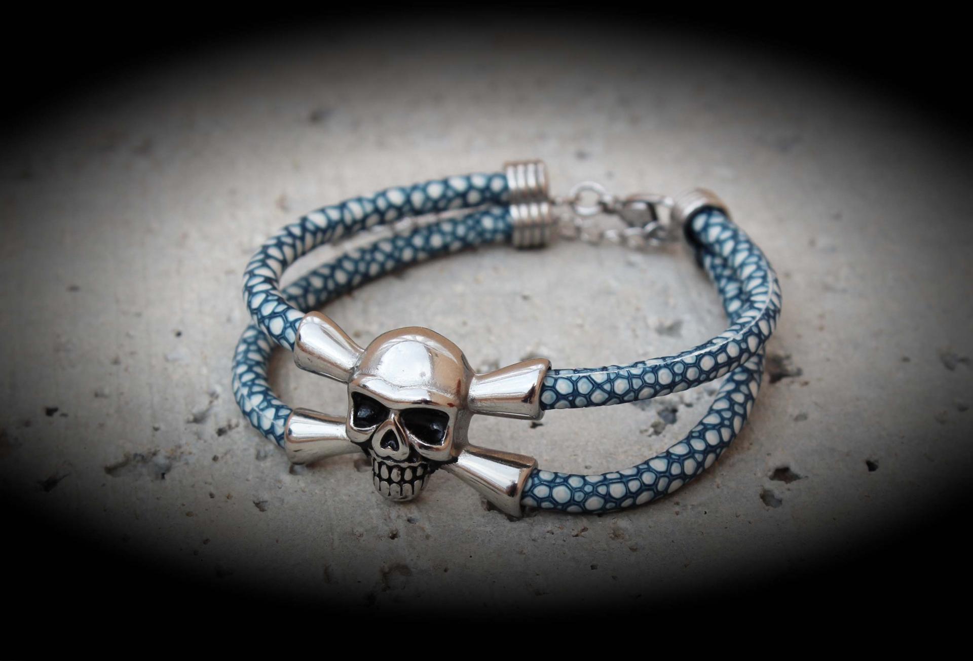 Leather Skull Pirate Double Layer Bracelet In Stingray Leather - Customisable!