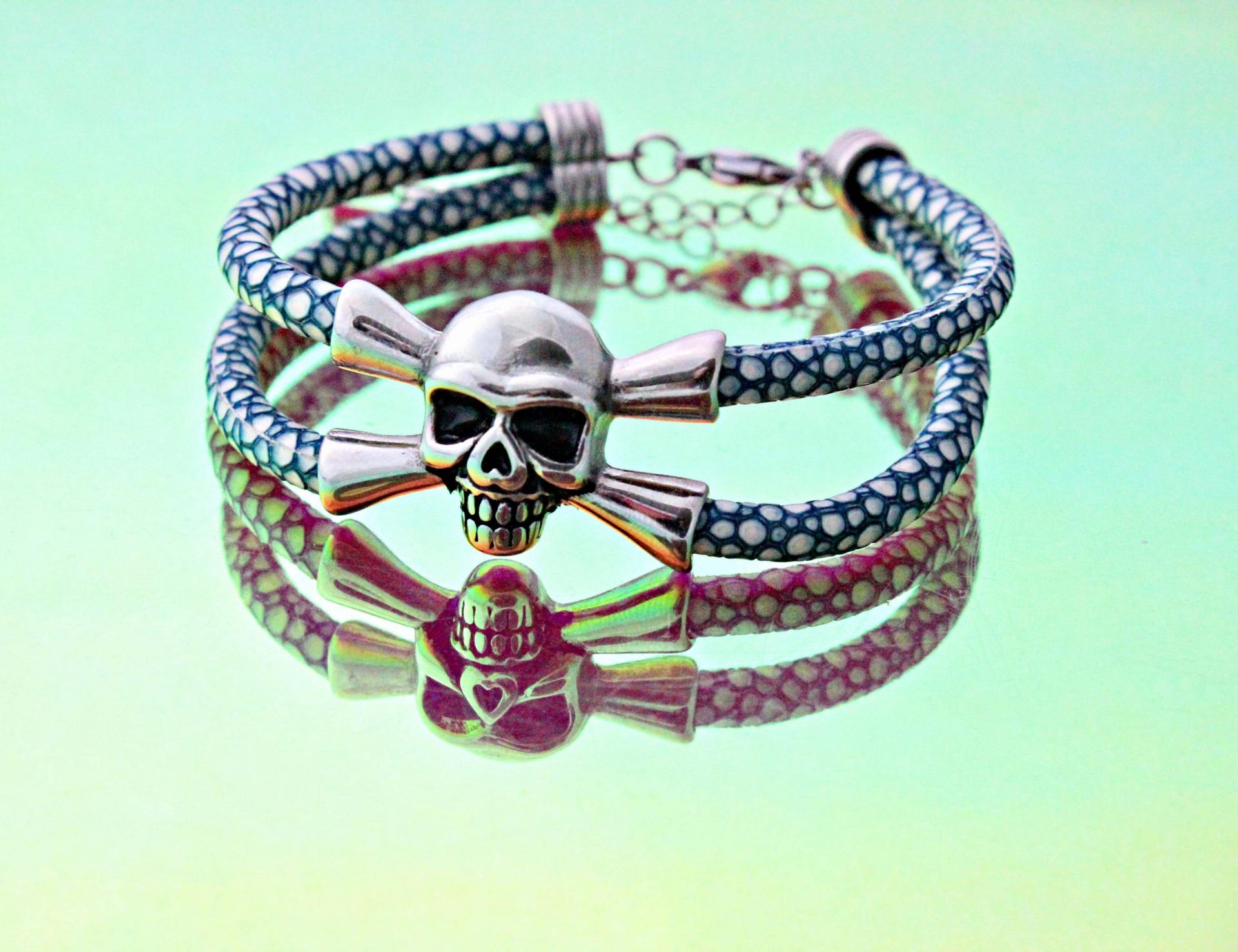 Leather Skull Pirate Double Layer Bracelet In Stingray Leather - Customisable!
