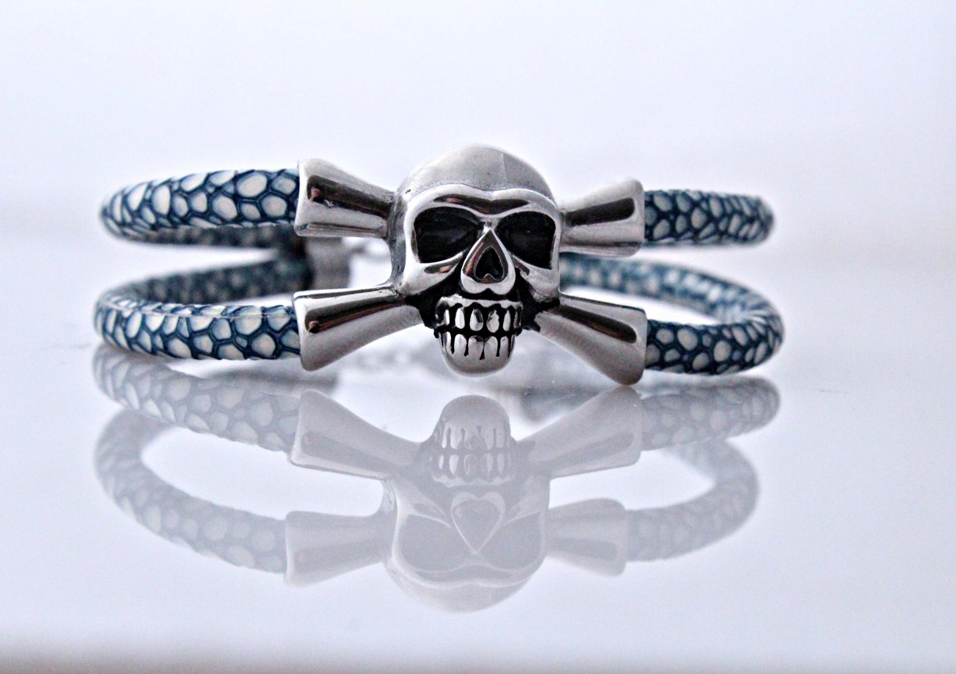 Leather Skull Pirate Double Layer Bracelet In Stingray Leather - Customisable!