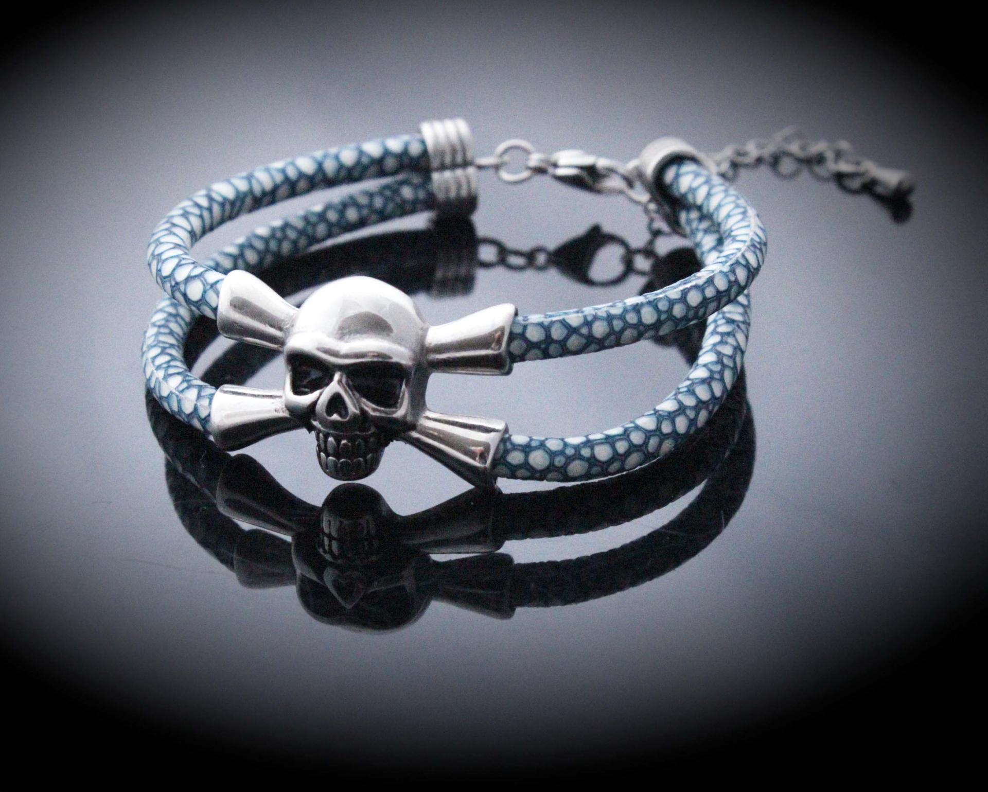 Leather Skull Pirate Double Layer Bracelet In Stingray Leather - Customisable!