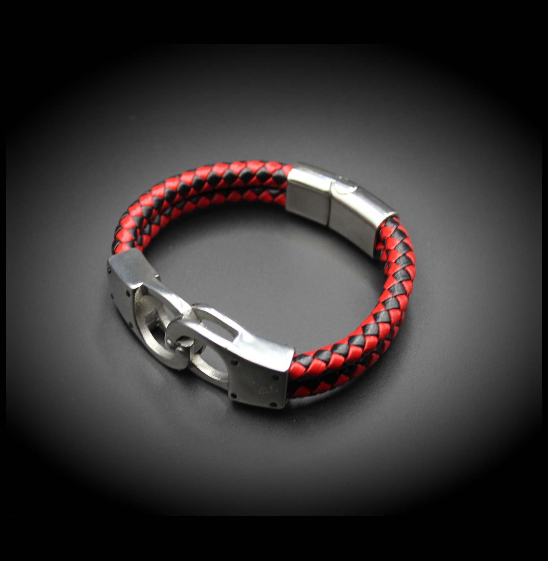 Handcuff Design Leather & Steel Red & Black Bracelet.
