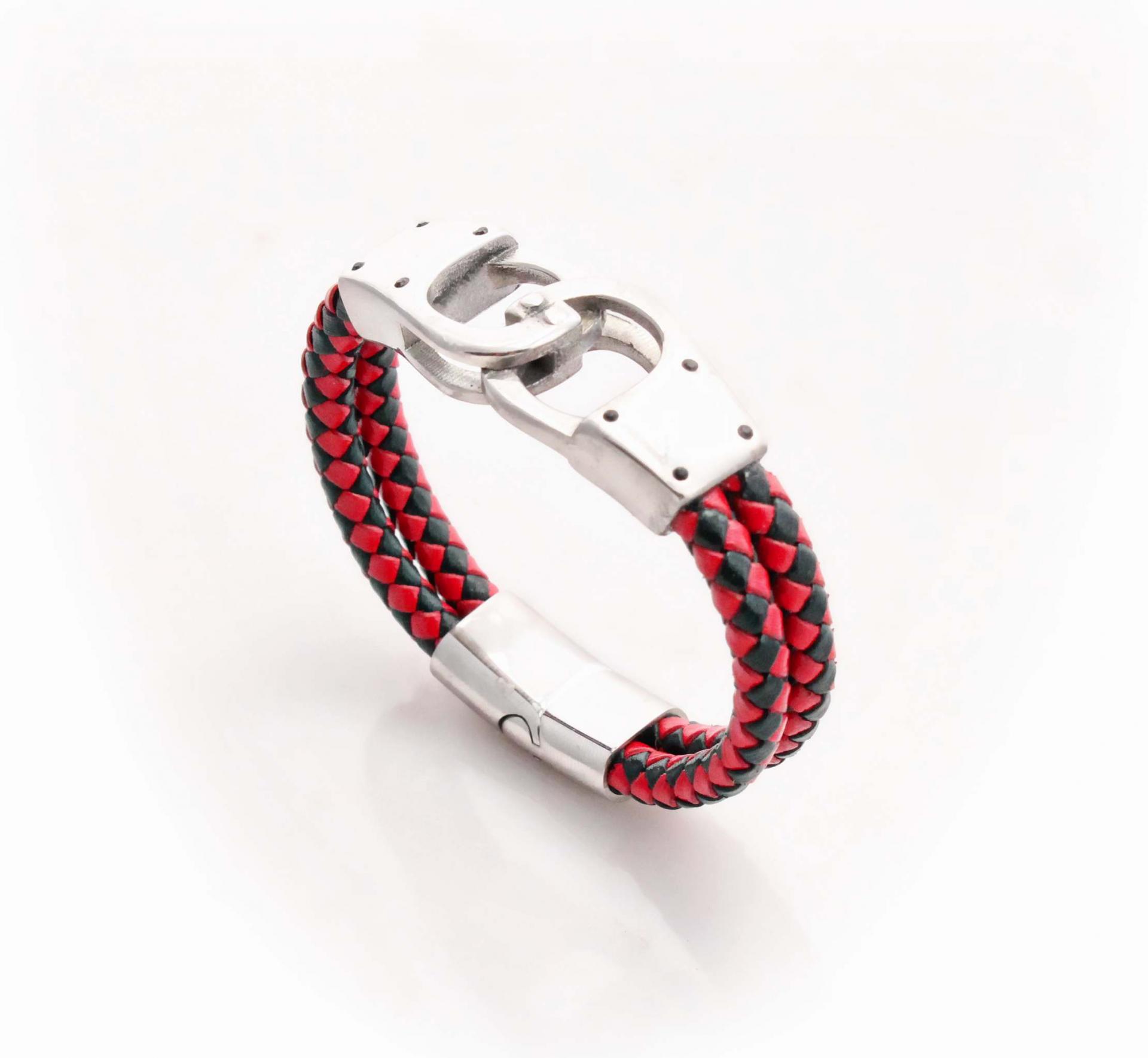 Handcuff Design Leather & Steel Red & Black Bracelet.