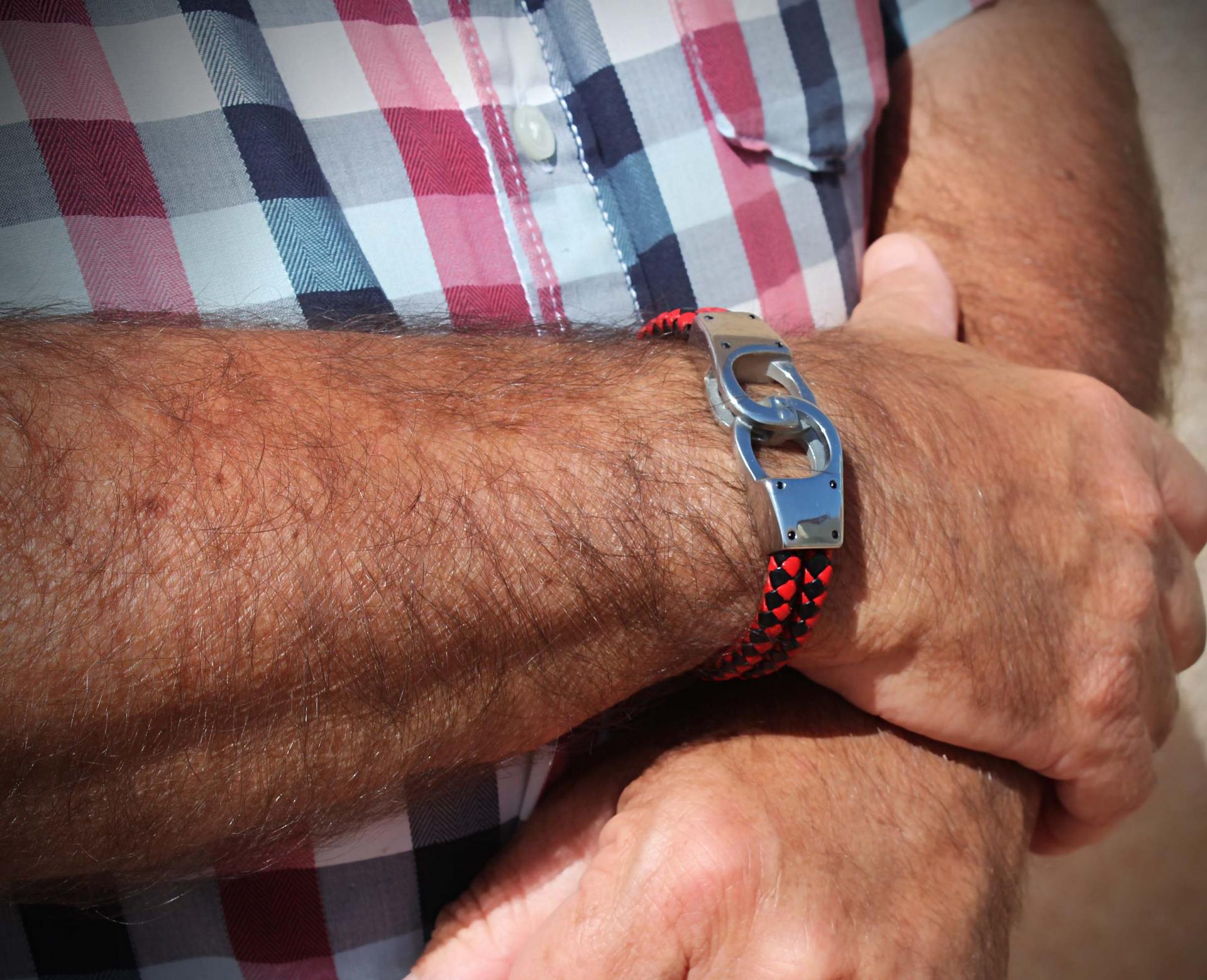 Handcuff Design Leather & Steel Red & Black Bracelet.