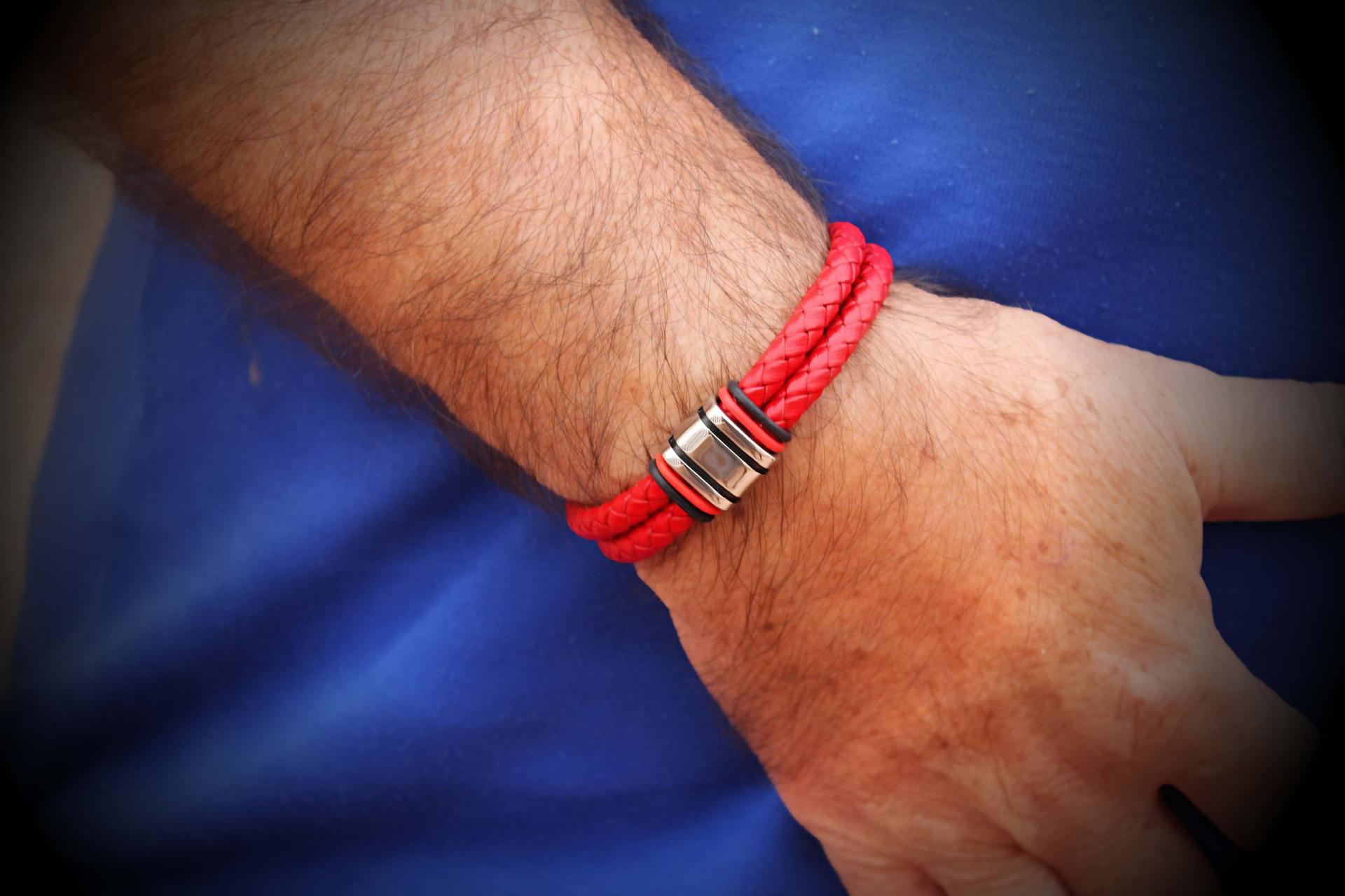 Red Multi Layer Leather & Steel Bracelet - Customisable