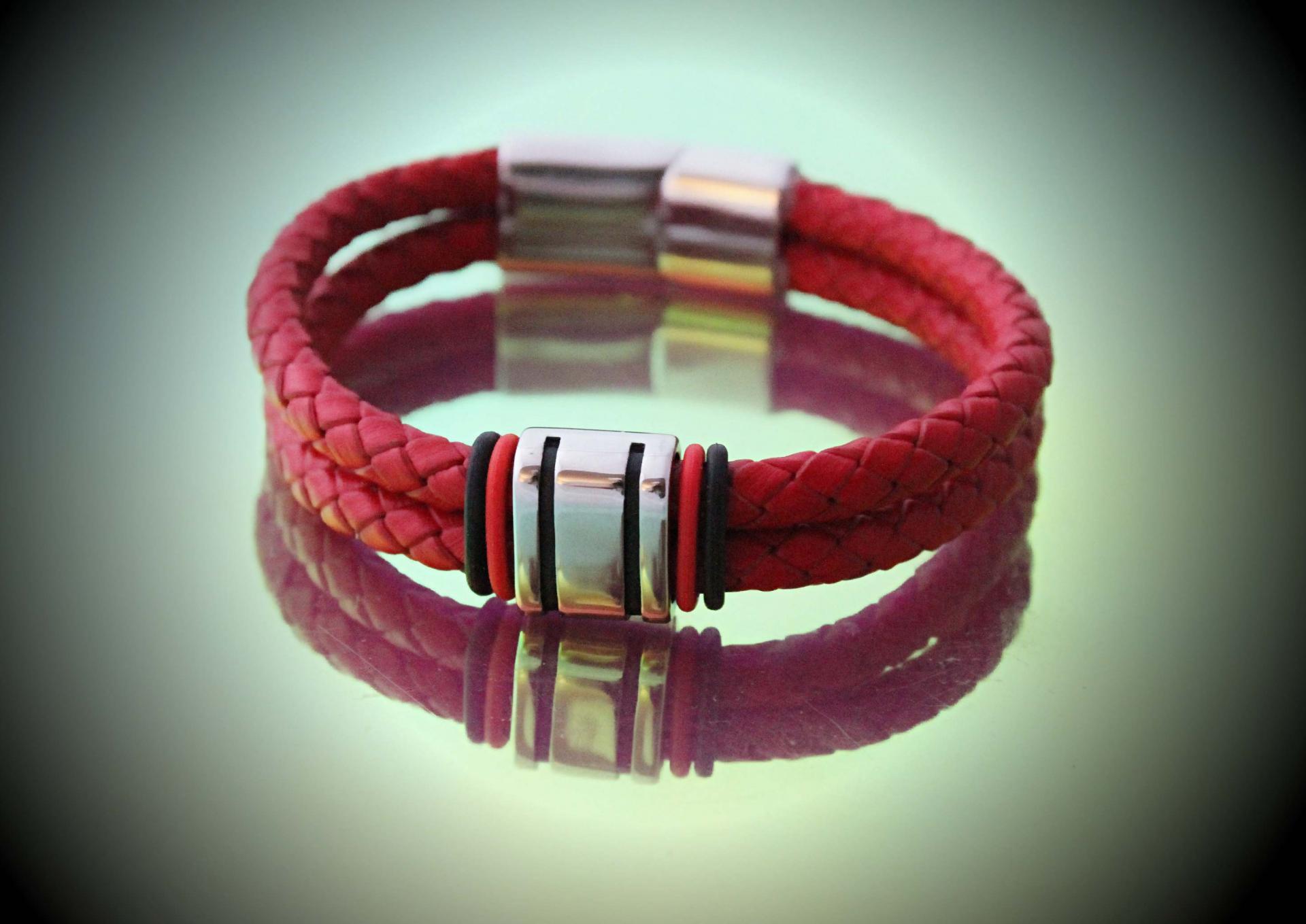 Red Multi Layer Leather & Steel Bracelet - Customisable